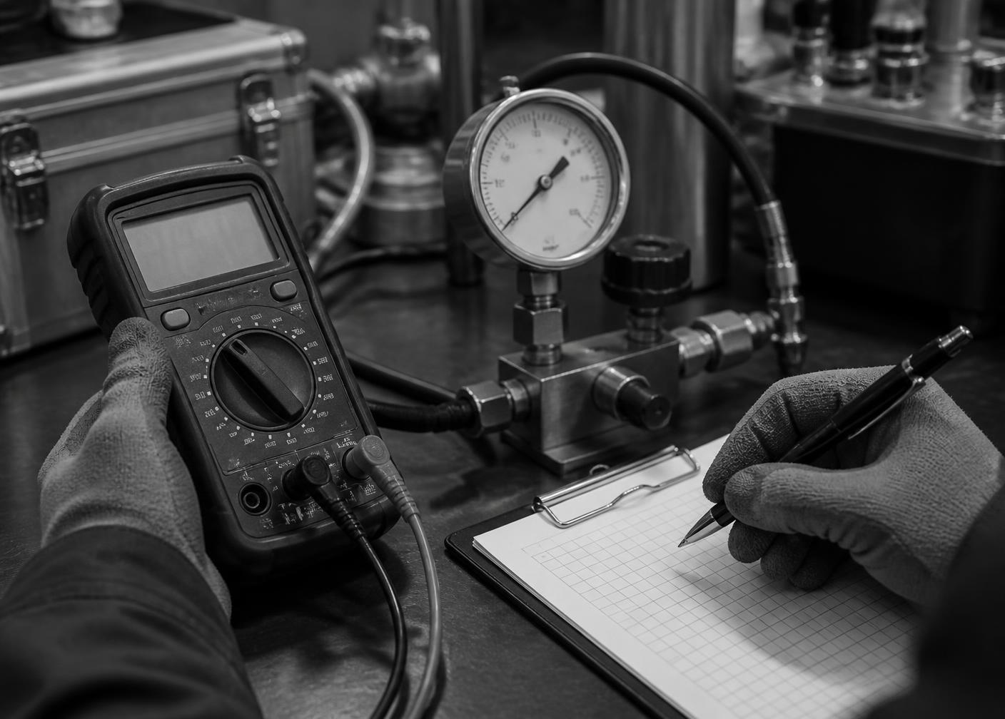 Technician recording calibration readings